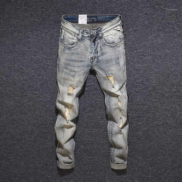 

italian style fashion men jeans slim fit retro yellow washed elastic ripped jeans men hip hop pants vintage designer homme1, Blue