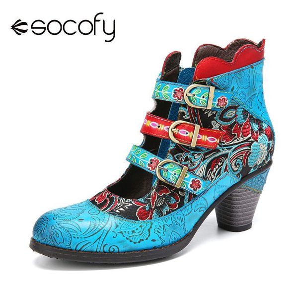 

boots socofy retro style genuine leather flower embroidery splicing elegant metal buckle cutout short botas mujer 2021, Black