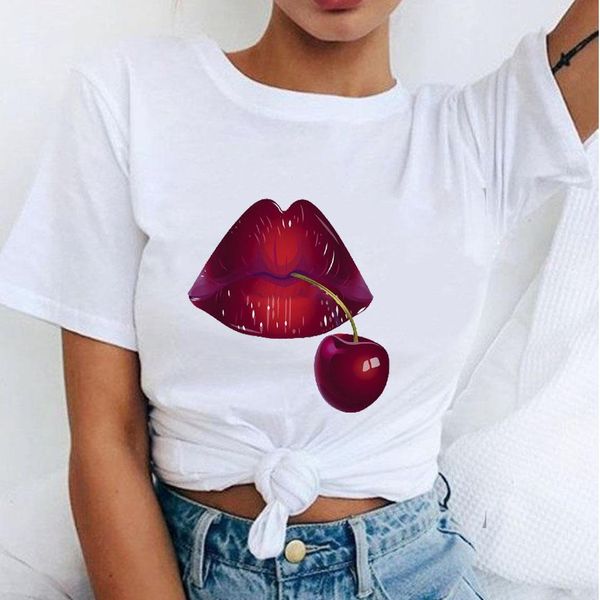 

women red mouth lip print t shirts base cartoon short sleeve women tshirt all-match white tee sweet girls o-neck shirt
