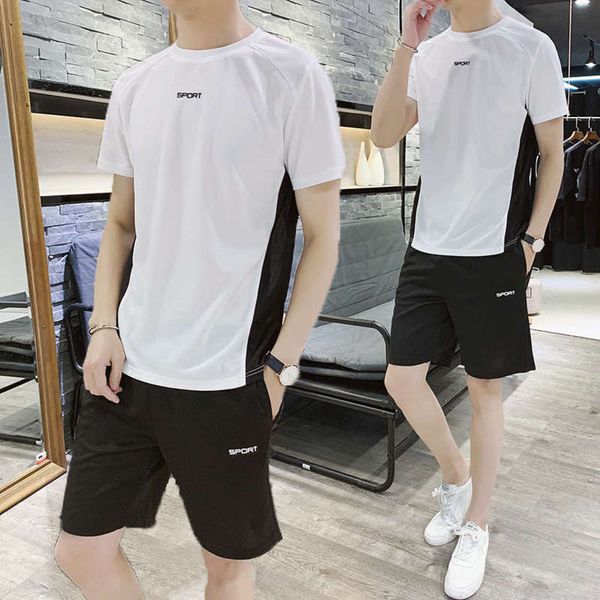 

men's casual sportswear suit korean fashion summer short sleeve slim fitting t-shirt and shorts two piece set, Gray