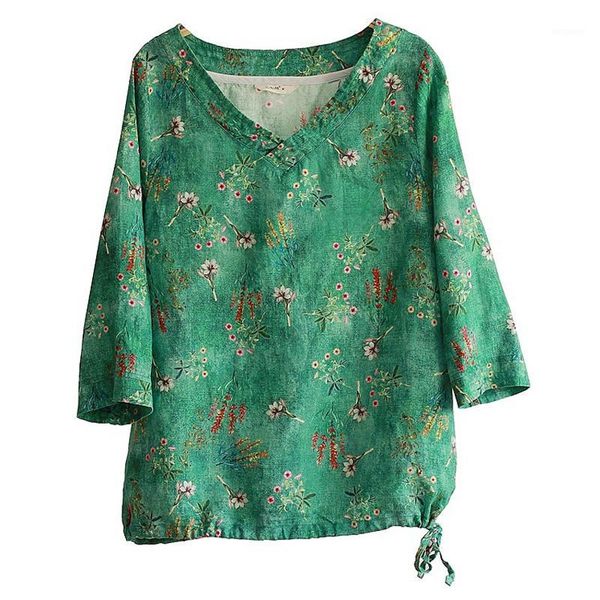 

women print floral t-shirts v-neck half sleeve 2020 summer new vintage loose female clothing original casual t-shirts1, White