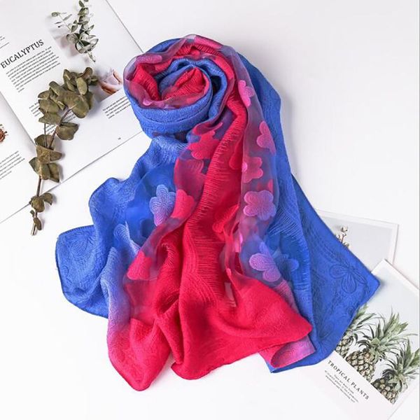 

2020 new fashion women cut flowers hollow lace gradient silk scarf spring shawls and wraps towel femme beach, Blue;gray