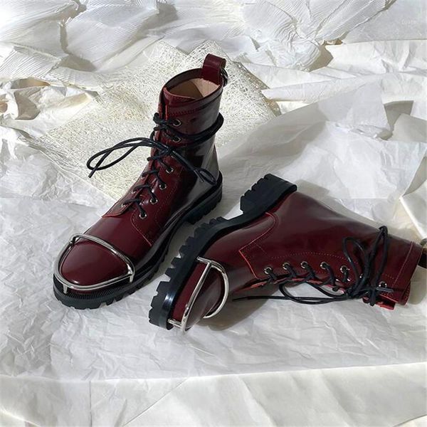 

boots metal decor motorcycle red black shiny leather lace up ankle winter street fashion shoes women1