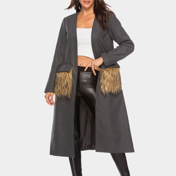 

women's wool & blends fashion lady solid long coat women plush pocket sleeve elegant office work jacket female casual basic 2021, Black