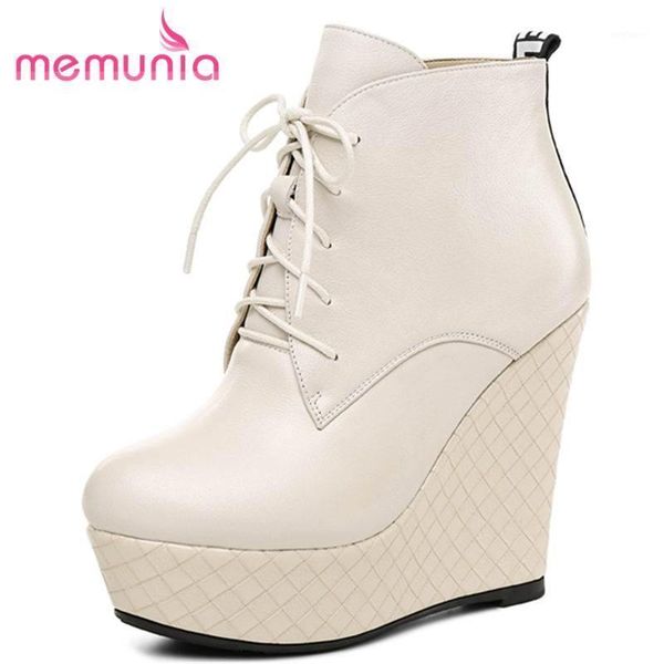 

memunia new 2020 fashion wedges ankle boots for women lace up genuine leather boots round toe platform autumn female1, Black