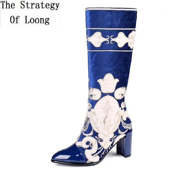 

boots spring autumn winter china style fashion women long lady pointed toe plush embroider botas ladies knee-high 1911051, Black