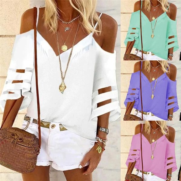 

2xl solid v neck elegant blouse shirt women 2020 summer off shoulder flare sleeve mesh patchwork femme spring blouses, White