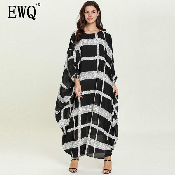 

ewq] 2020 spring summer new pattern round neck bat long sleeve lace grid leisure long dress casual women large size ak779011, Black;gray