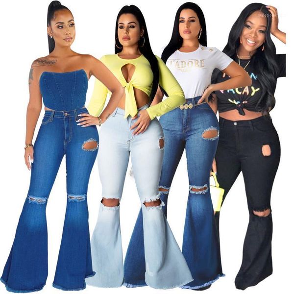 

women's jeans haoohu 2021 winter women's ripped pants fashion casual solid high waist hole hollow out slim full flare pants1, Blue