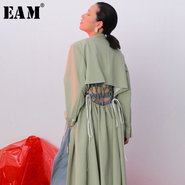 

[eam] loose fit hollow out backless bandage jacket new lapel long sleeve women coat fashion tide spring autumn jz181 201026, Black;brown