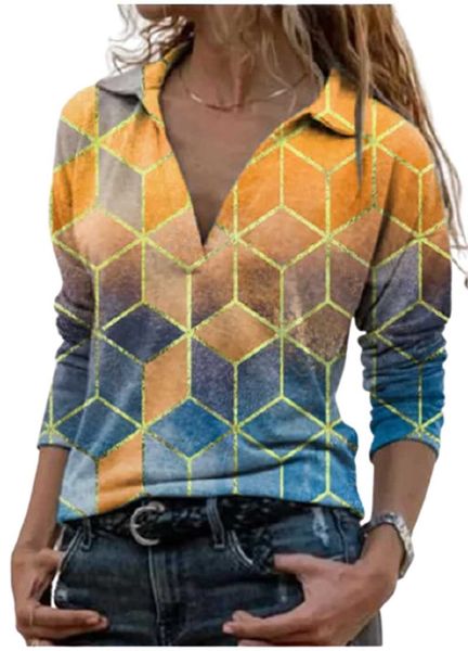 

women's blouses & shirts fashion geometric print gradient shirt woman fall casual v-neck long sleeve women streetwear elegant ladies re, White