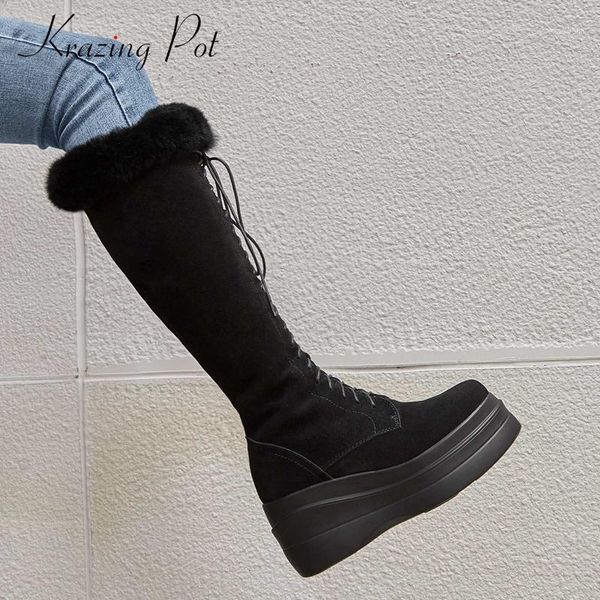 

krazing pot snow boots cow suede comfortable cross-tied wedges round toe super high heel zipper office lady knee-high boots l291, Black
