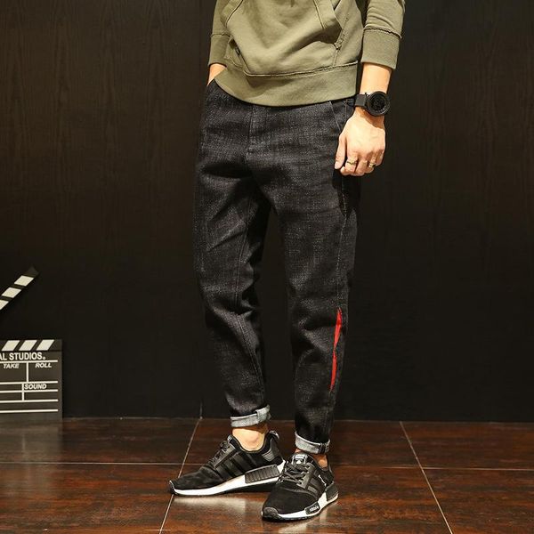 

men jeans stretch loose distressed pleated casual solid men denim jeans cross-pants washed male mid waist, Blue