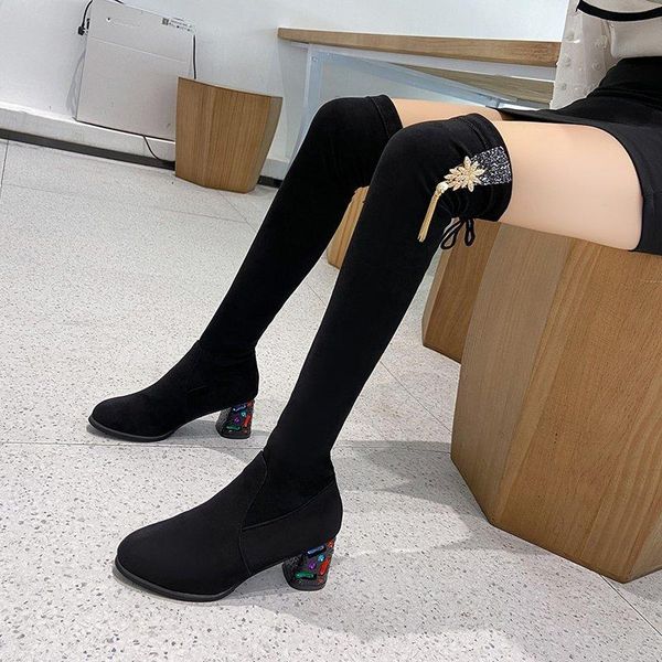 

2020 new over the knee long boots women winter boots rhinestone high heels for women thick heel black stretch botas