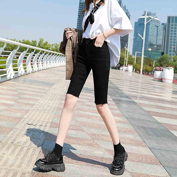 

women's pants & capris woman half length stretch denim blue summer skinny pencil jeans for women black jeans1, Black;white