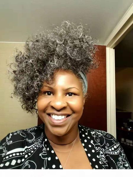 

new arrive silver grey human hair ponytail hairpiece drawstsring dye natural hightlight salt and pepper gray hair ponytail, Black