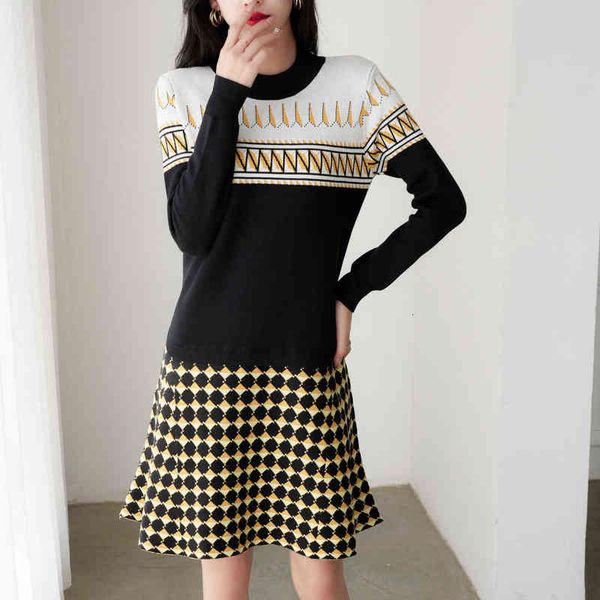 

casual dresses temperament fake two-piece dign sense knitted dresses 2022 autumn winter women's fashion celebrity sweater skirt, Black;gray