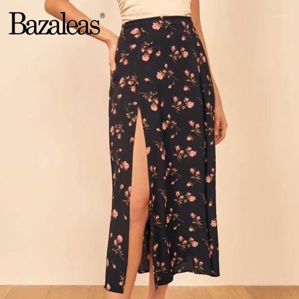 

bazaleas france chiffon midi skirt elegant women skirts vintage pink floral print black women midi skirt1