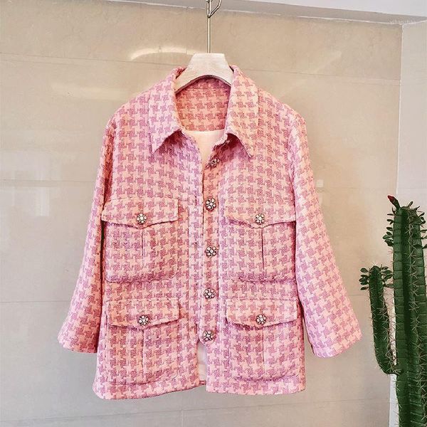 

sweet pink tweed jackets women turn down collar single breasted pockets houndstooth plaid autumn jakcet coat long sleeve a8031, Black;brown