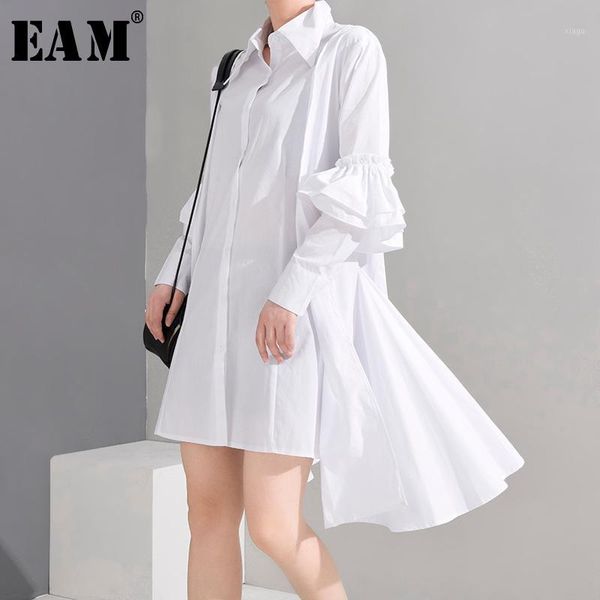 

eam] women white ruffles big size irregular shirt dress new lapel long sleeve loose fit fashion tide spring summer 2020 wf326001, Black;gray