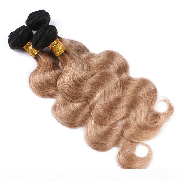 

#1b 27 honey blonde ombre virgin brazilian human hair weft extensions 3pcs lot body wave wavy ombre light brown human hair weave bundles, Black