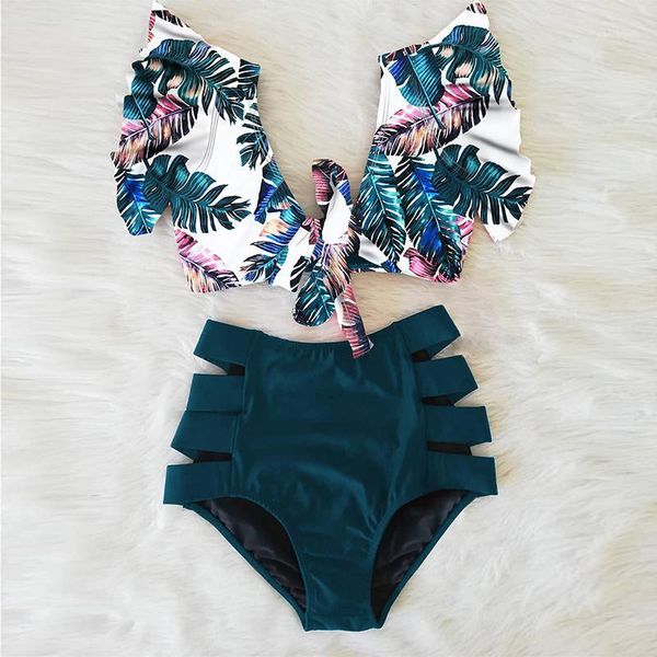 

bikinis set high waist ruffled bikini 2021 flounce biquini swimwear women two pieces swimsuit floral beachwear v-neck bathing suit1
