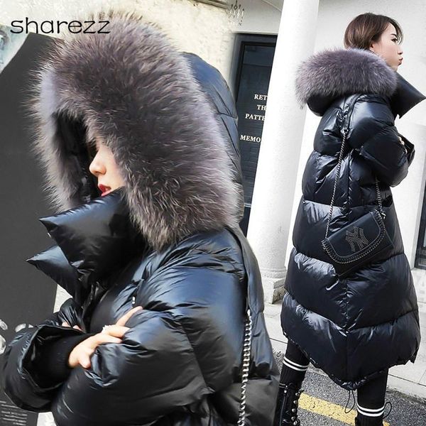 

down jacket big fur collar women winter hooded white duck down coat zipper thick warm parkas snow coat1, Black