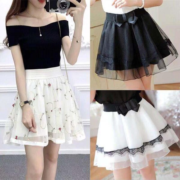 

new summer high waist a line women skirt large size elastic waist lace pleated skirt sweet mini student skirt tutu, Black