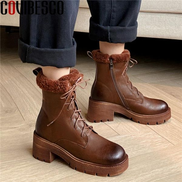 

boots covibesco autumn winter warm ankle for women genuine leather high heels shoes woman lace-up side zipper retro snow boots1, Black