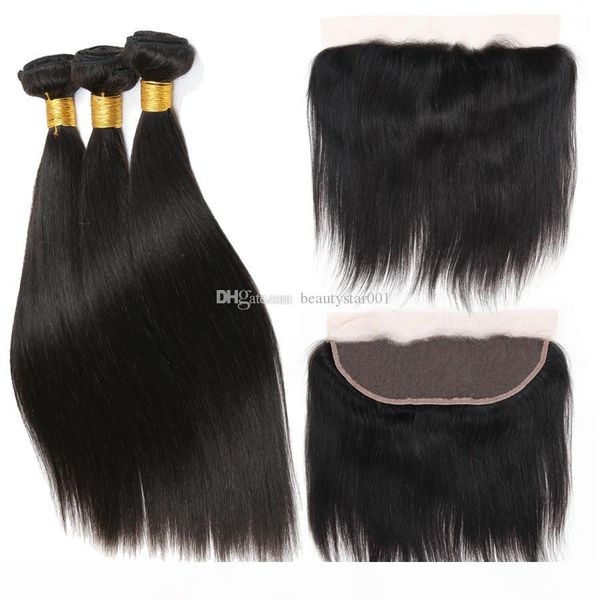 

бразильский прямой пучки волос с фронтальным закрытие связки человеческих волос с 13 * 4 закрытие 3 связки с уха до уха закрытие, Black;brown