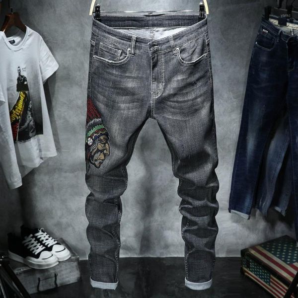 

2020 new fashion male slim fit jean pants vintage embroidery elastic pencil pants streetwear slim fit denim plus size1, Blue