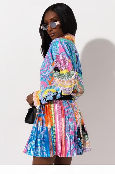 

2 pieces set autumn fashion women set female floral print long sleeve shirt elastic waist mini skirts, White