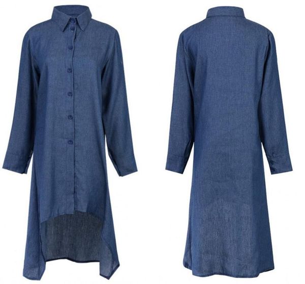 

fashion summer women shirt dress long sleeve denim casual turn-down collar ruffle loose party clothes, Black;gray