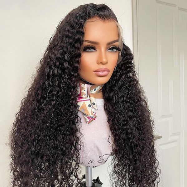 

natural black color 180density long kinky curly lace front wig for women with babyhair heat resistant fiber daily cosplay party wear middle, Black;brown