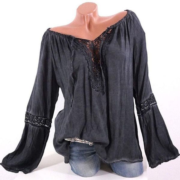 

women's blouses & shirts 5xl plus size hollow out lace blouse off the shoulde puff long sleeve pink shirt fall fashion up patchwork sol, White