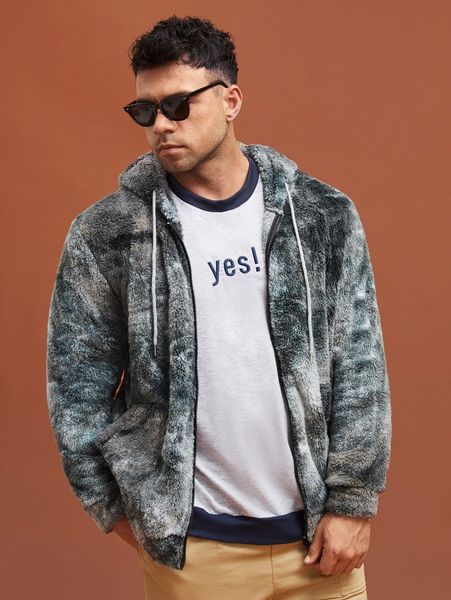 

extended sizes men zipper drawstring hooded teddy jacket n5ll#, Black;brown