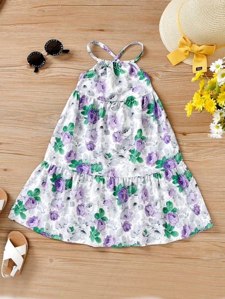 

toddler girls floral print ruffle hem crisscross halter dress she, Red;yellow