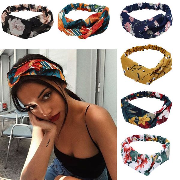 

fabric flowers print chiffon wide band sweet floral women cross twisted turban hair girl accessories headband