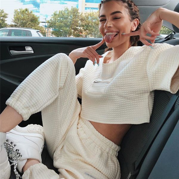 

womens designer solid color tracksuits fashion short leeve crop wide-waisted long pants womens 2pcs sets casual females clothing, Gray