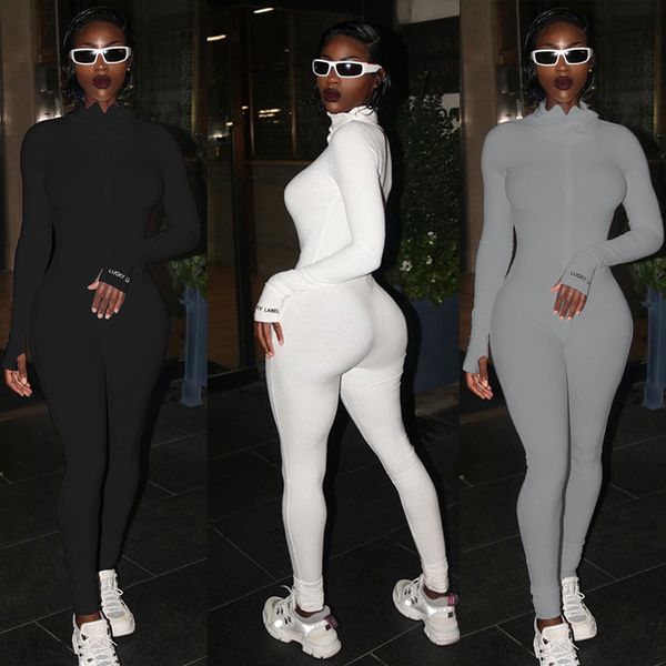 

womens lucky label jumpsuit solid long sleeve set fitness playsuit sportswear zipper body embroidery lucky label rompers 2020 c0119, Gray