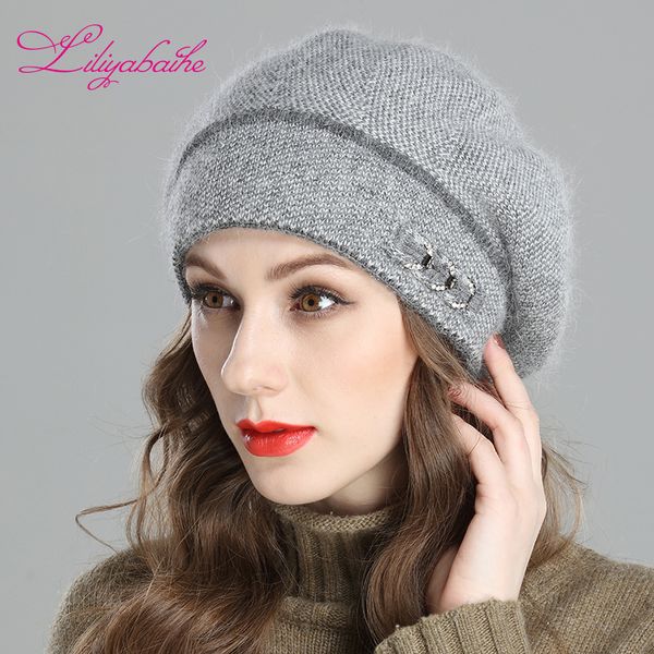 

liliyabaihe нового стиля женской зимнего берет crocheted ангора шерсть береты bicolour смешение hat с двойной подогреваемым hat cap 201019, Blue;gray