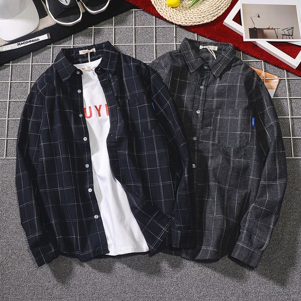 

2021 new japan style brand loose shirt for men long sleeve spring autumn cotton and linen green black white 1rof, White;black