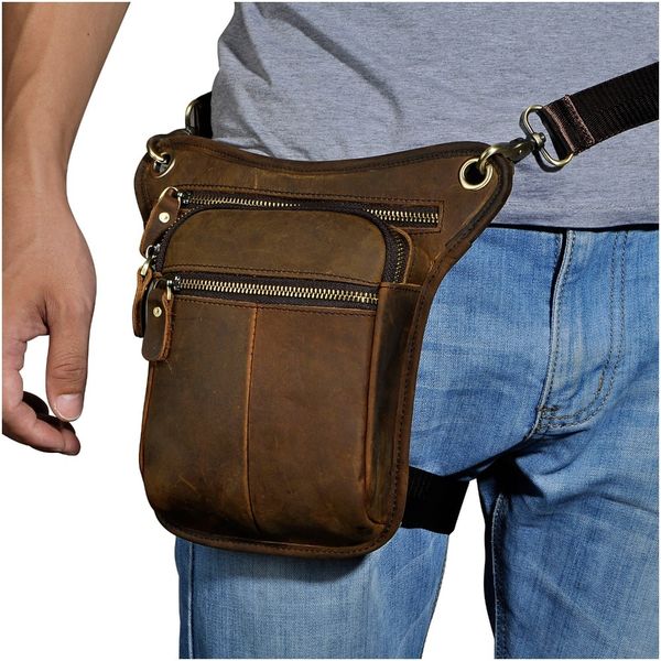 

crazy horse real leather design men vintage brown small belt messenger bag waist pack drop leg bag pouch 211-2 c1103