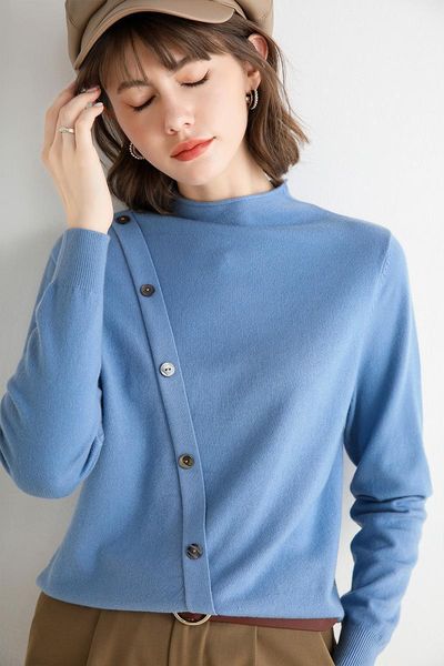 

women's sweater 2020 new autumn and winter solid color round neck long sleeve button decorative cashmere bottoming shirt1, White;black