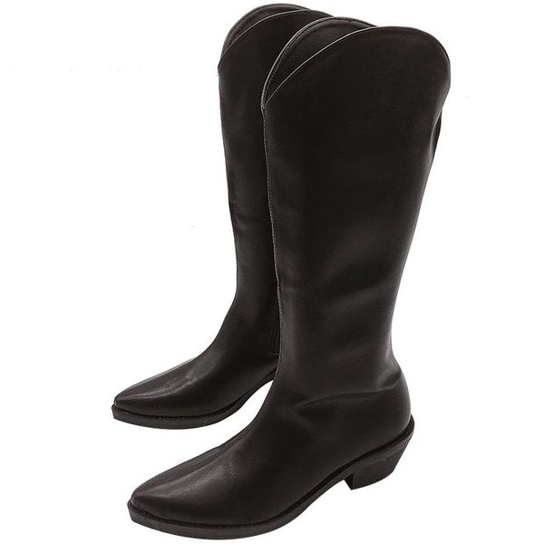 

thick heels pumps women high heels knee-high 2020 slip on rubber ladies knight boots pointed toe pu knee boots women botas mujer, Black