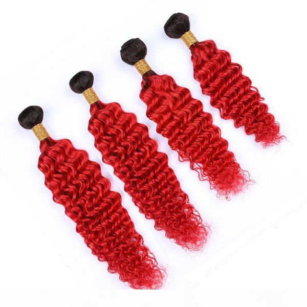

indian human hair bright red ombre weave bundles deep wave dark roots #1b red ombre virgin hair wefts deep wave curly mixed length, Black