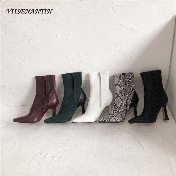 

viisenantin 2020 new autumn winter stretch ankle boots stiletto square toe women's high-heeled leather fashion boots, Black