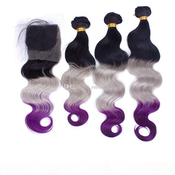 

new arrive 1b grey purple human hair weaves with lace closure three tone body wave hair weaves with 4x4 lace closure, Black;brown