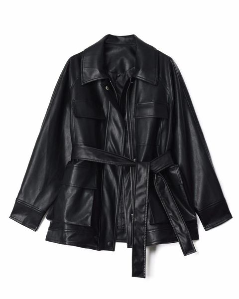 

women's leather & faux spring autumn black jacket women 2021 retro fashion mid-long loose coat pu motorcycle jackets with belt female k