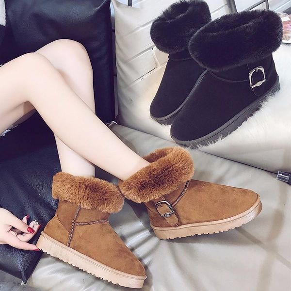 

snow boots 2020 new winter women plush tube warm boots thick bottom non-slip short fashion buckle students snow, Black